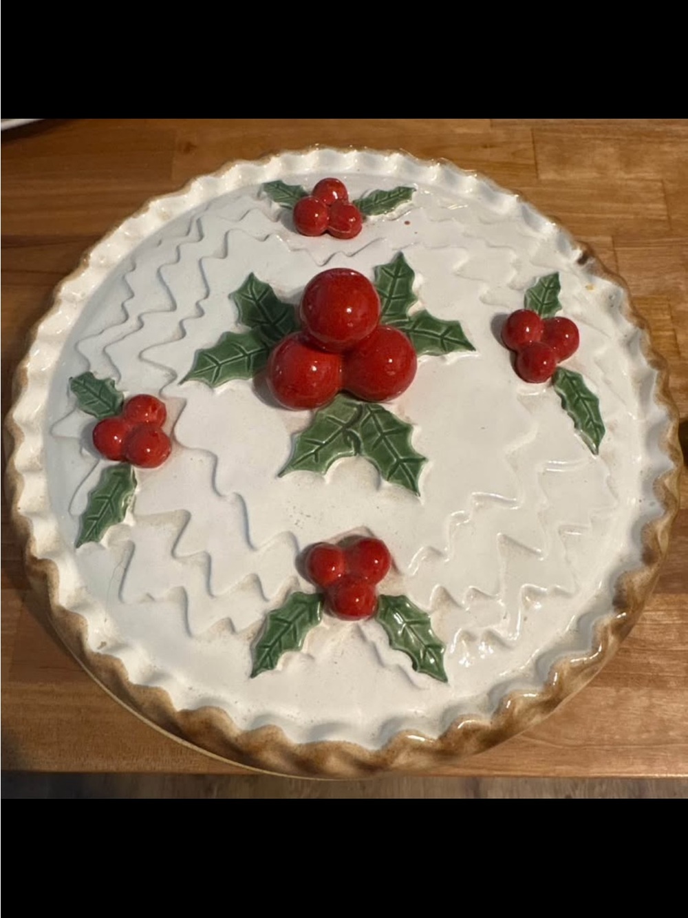 Vintage Holiday Holly Ceramic Pie Plate - White with Red Berries